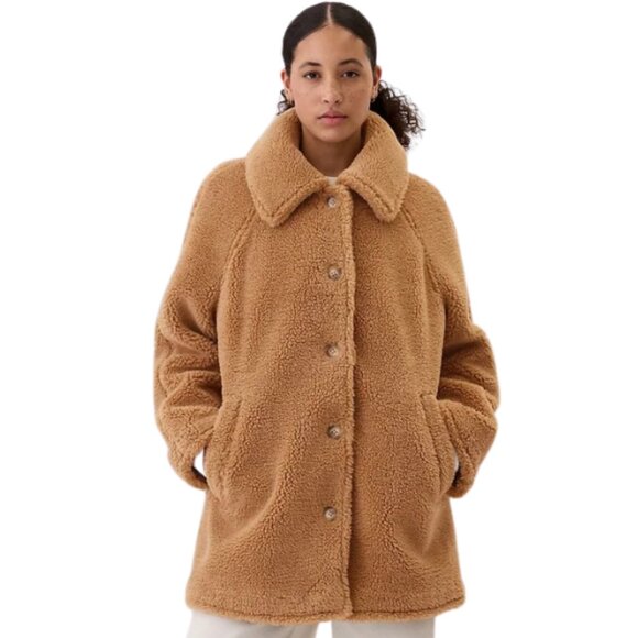 GAP Sherpa Coat XL Oversized Button Front Fleece Jacket with Pockets Beige -NEW - Picture 1 of 5